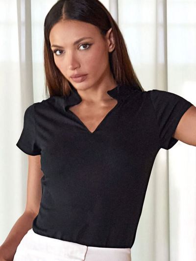 Women's Corporate Short Sleeve Top V-Neck Mandarin Collar