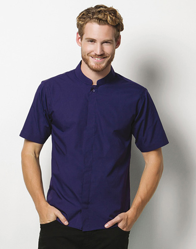 Mandarin collar fitted shirt short sleeved