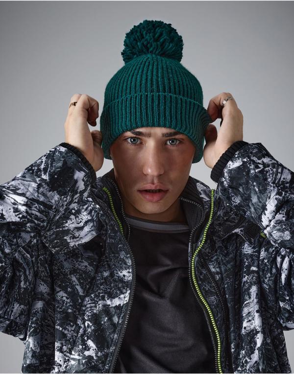 Engineered Knit Ribbed Pom Pom Beanie